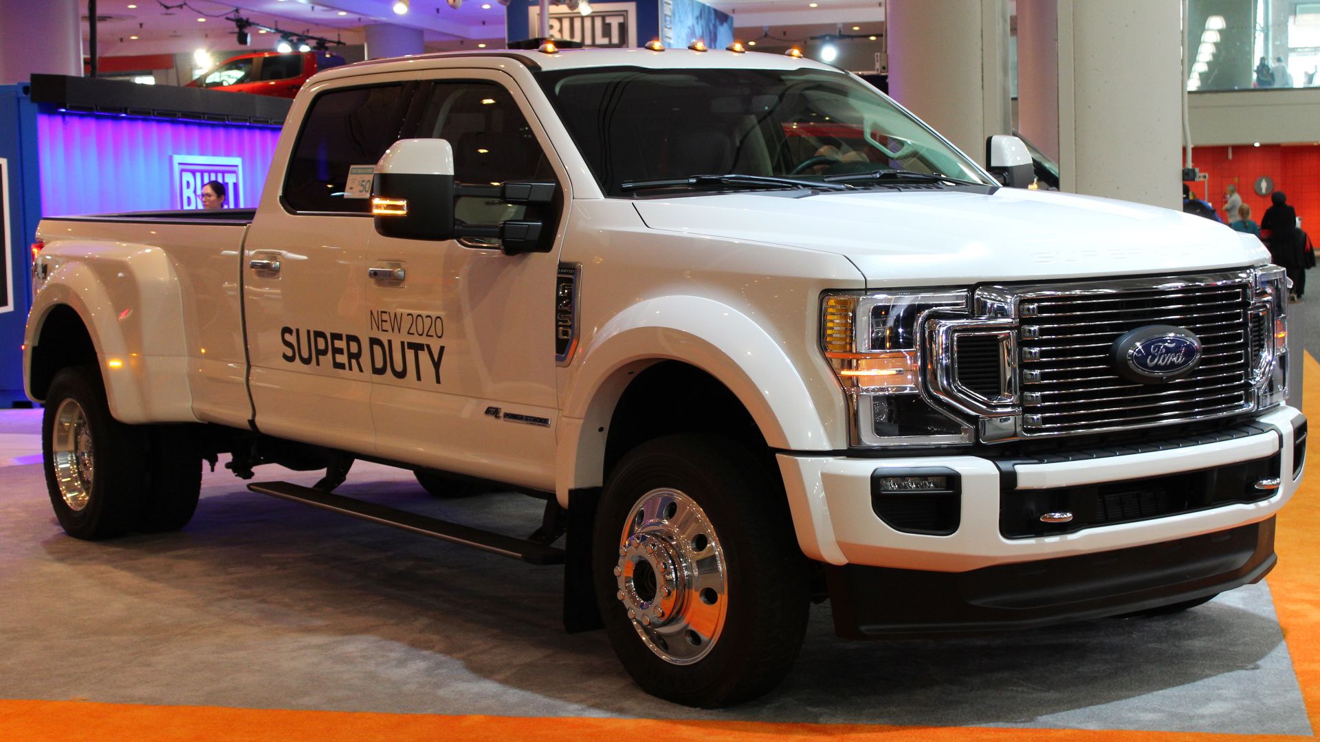 A 2020 Ford F-450 Limited Super Duty with Powerstroke Turbo Diesel engine photographed during the 2019 New York International Auto Show, in Hudson Yards, Manhattan, NYC