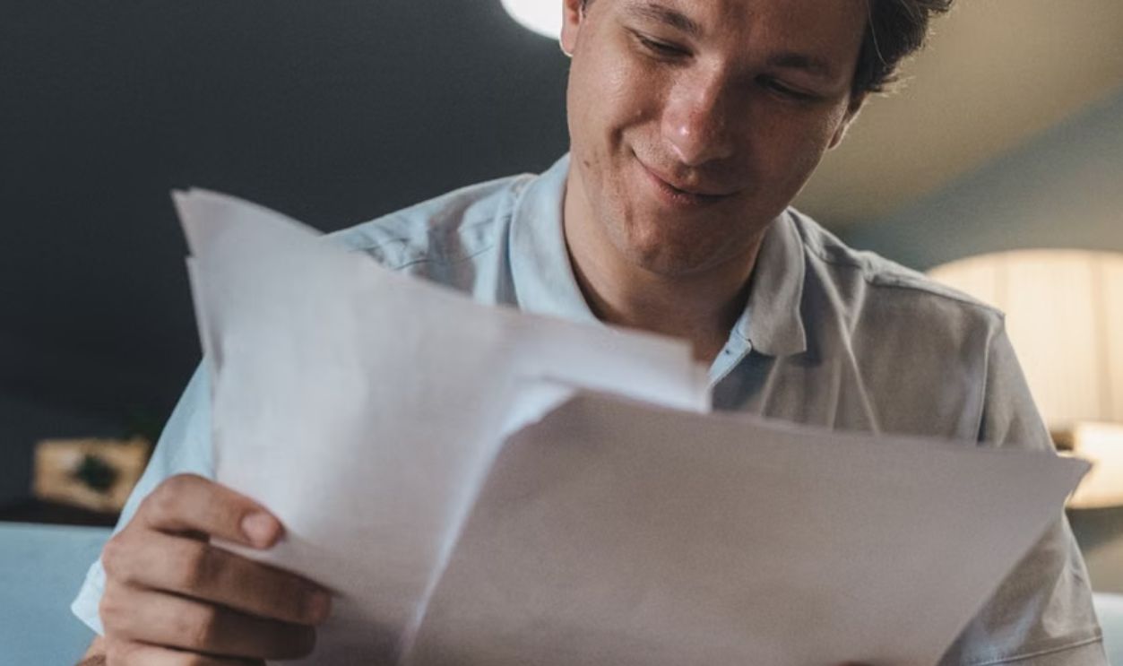 A cheerful man reading papers in a cozy indoor setting, radiating positivity