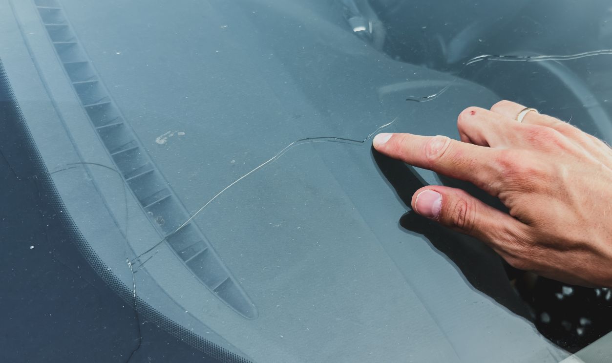 Shutterstock-2640400661, Man s hand pointing at a long crack on a car windshield, highlighting damage on the glass surface under daylight, automotive concept