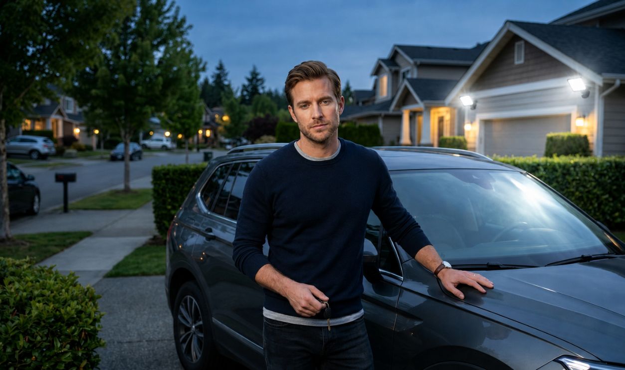 mildly frustrated man standing on driveway, with floodlights visible in background
