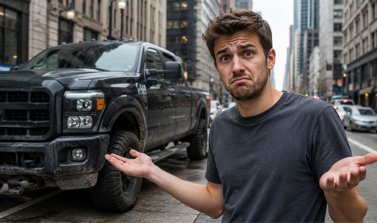 Confused man with a big truck