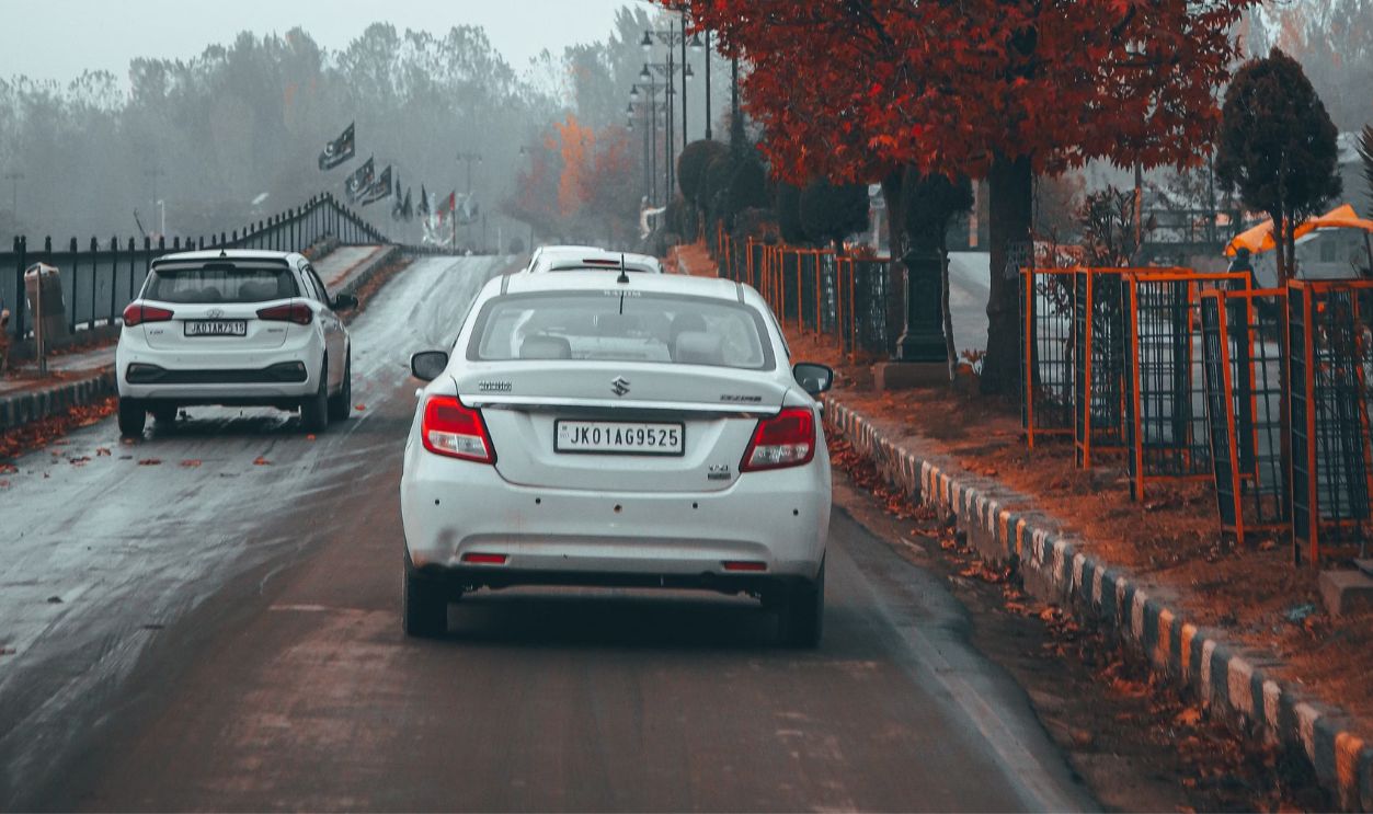 White cars drive along a scenic autumn road lined with vibrant red-leaved trees.