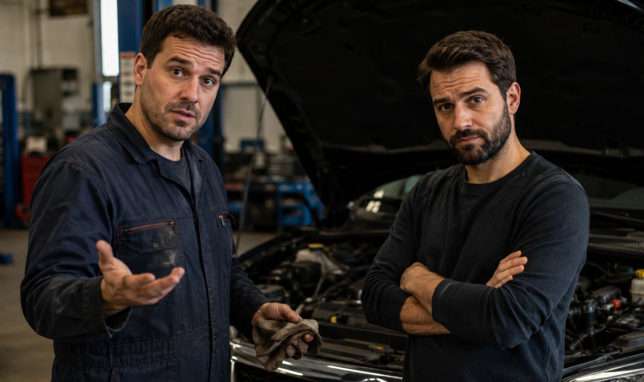 Mechanics discussing car repair details