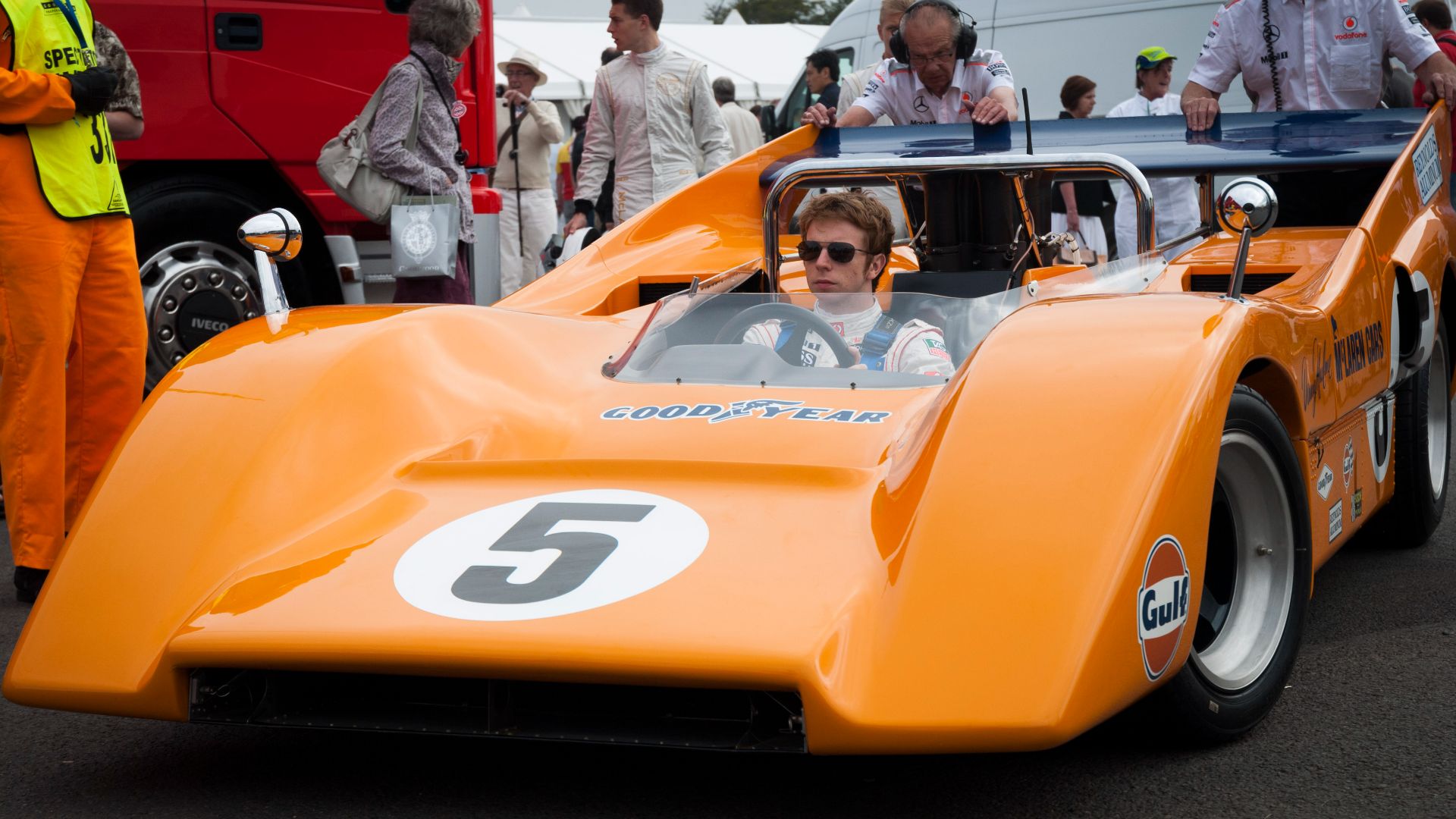 Oliver Turvey driving the McLaren M8D at the 2013 Goodwood Festival of Speed.