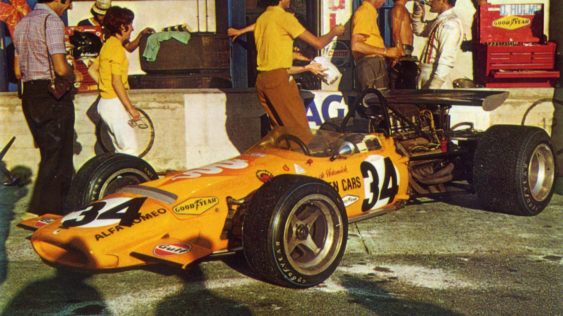 Monza (Italy), Monza Circuit, September 1970. The McLaren-Alfa Romeo M14D (Bruce McLaren Motor Racing) of Italian driver Andrea Lodovico de Adamich in the pit lane during the weekend of XLI Italian Grand Prix of Formula One.