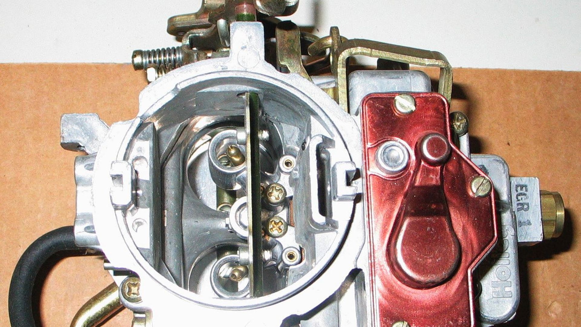 A new Holley model 2280 type R8691 2-barrel carburetor, top view, showing the dual venturi configuration.