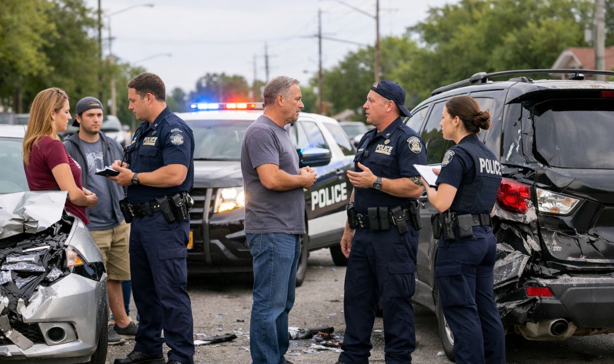 Several people standing beside damaged vehicles speaking with police