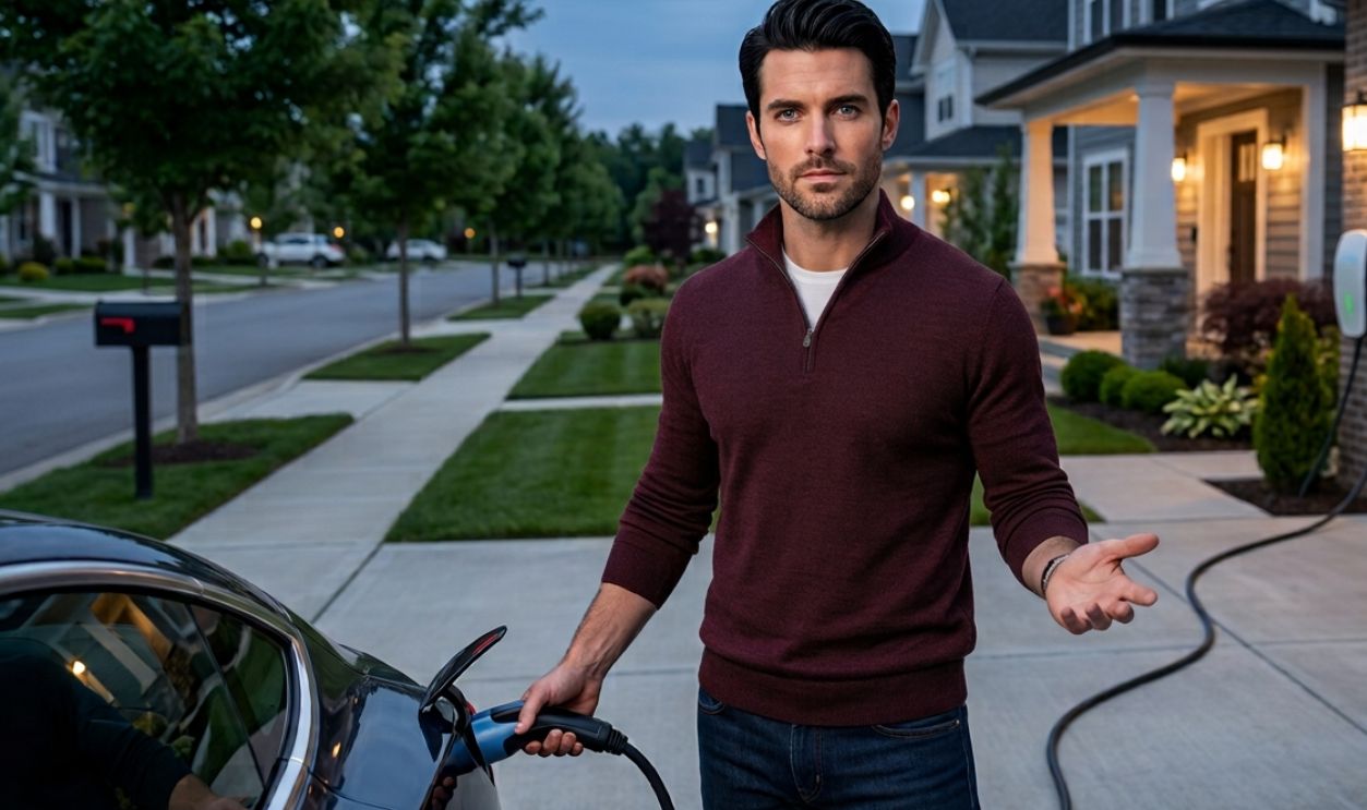 mildly frustrated man charging EV at home