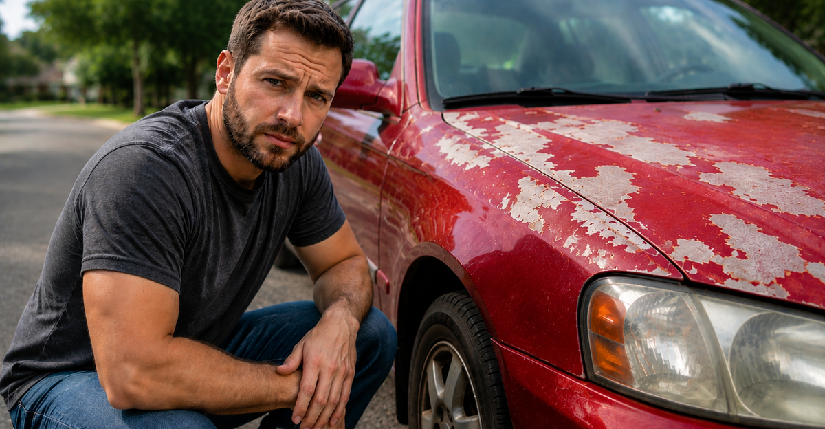 AI-generated image of white man crouching next to red car with fading paint