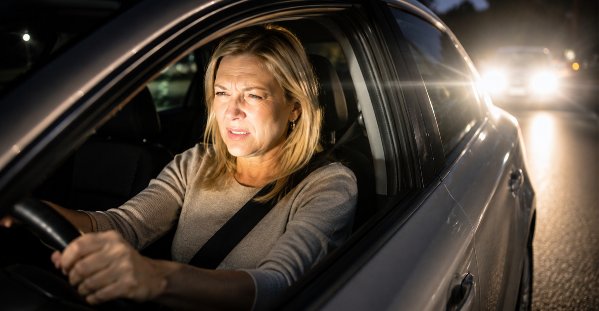 AI-generated image of blonde woman driving a car while squinting against glare of oncoming headlights