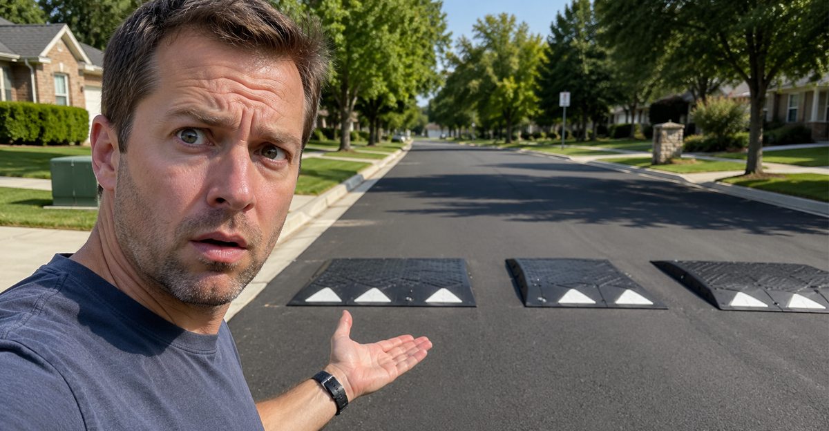 Suburban man surprised by speed cushions