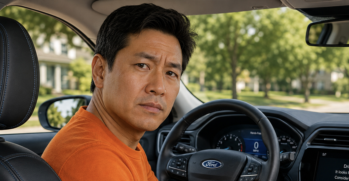 AI-generated image of a man worried about his self-driving car telling him to take a break.