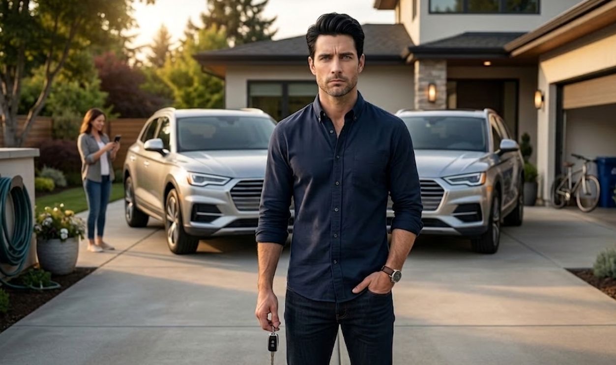 frustrated man in front of two identical luxury SUVs