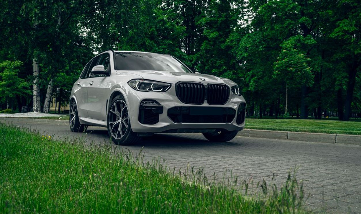 White BMW X5 SUV parked on a scenic road surrounded by lush greenery, showcasing elegance and style