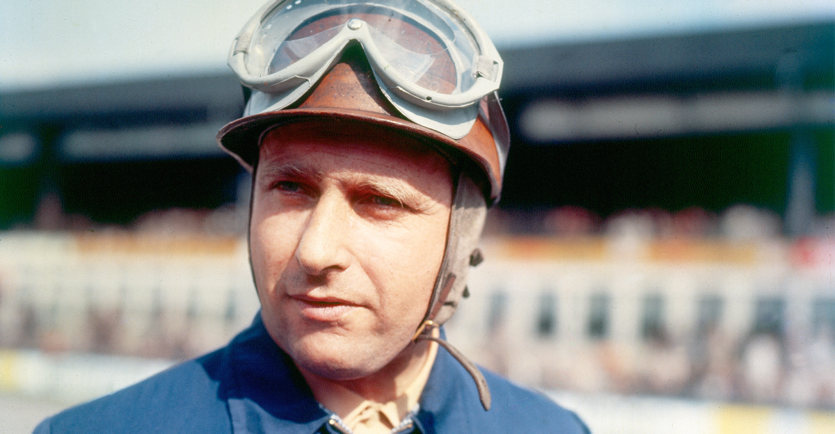 Portrait of Juan Manuel Fangio in blue racing outfit
