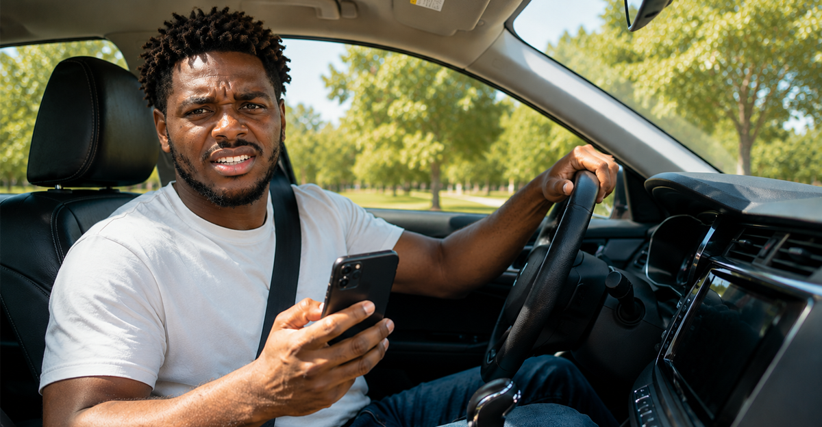 AI-generated image of a Black man sitting in car holding phone