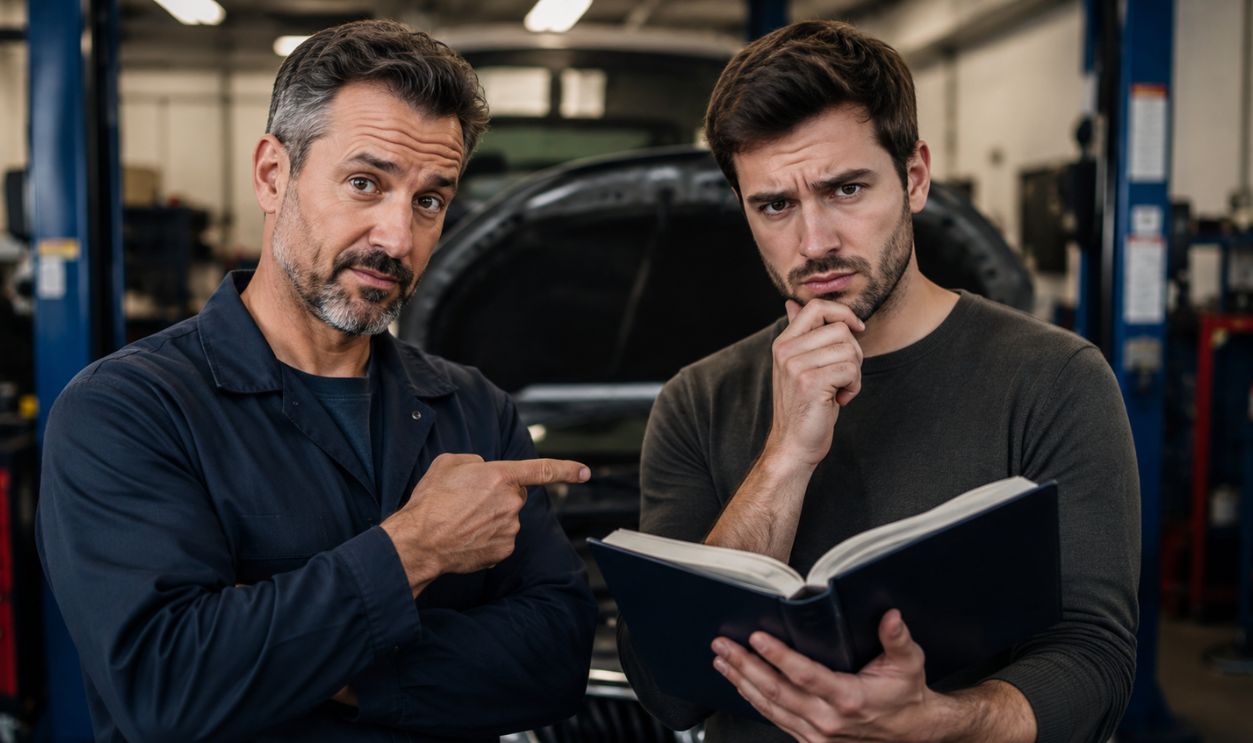 Mechanic instructing with book in hand