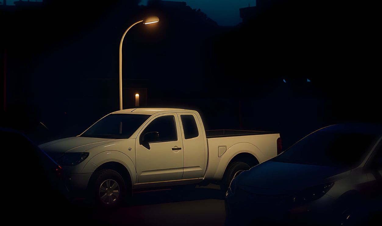A serene night street scene with a crescent moon, illuminated streetlights, and parked cars
