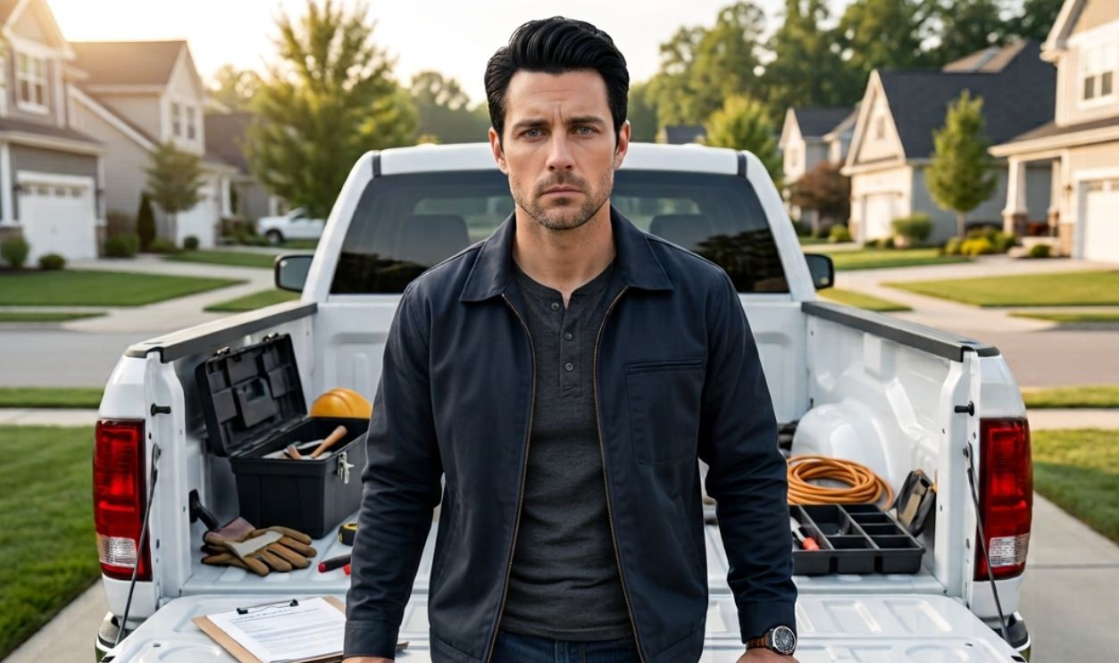 sad and frustrated man holding insurance documents standing near truck with tools