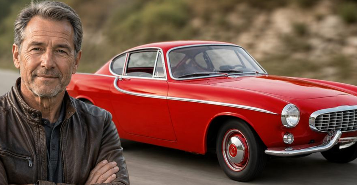 Man looking at camera, background beautiful red car