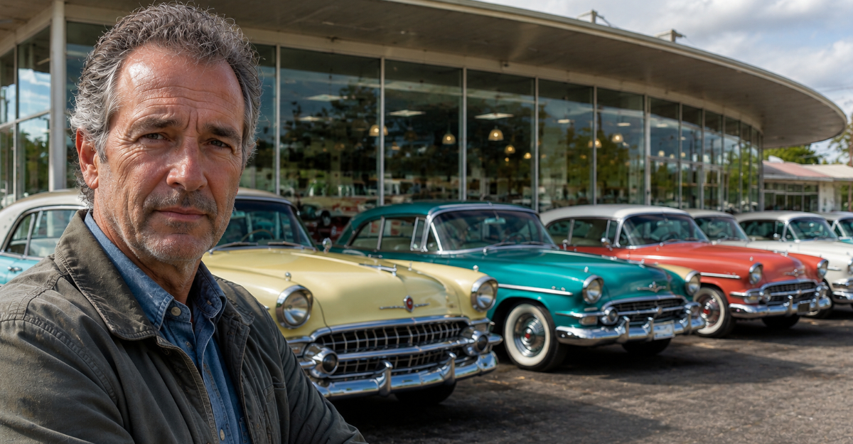 car lot with vintage cars, man looking at camera