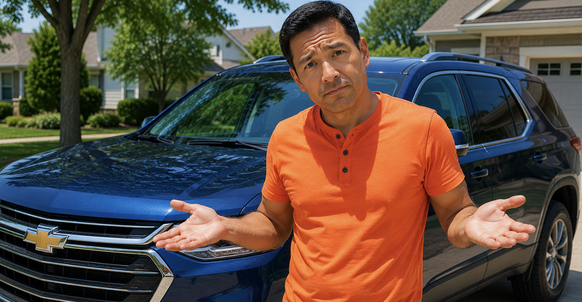 AI-generated image of a man standing in front of his SUV.