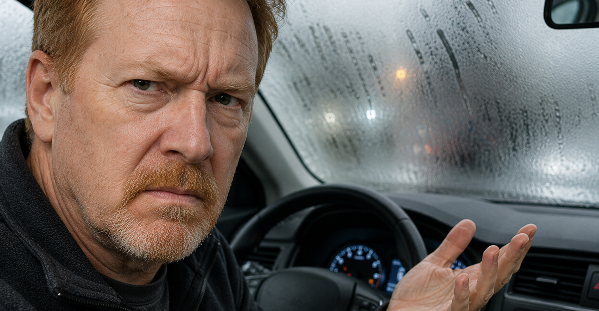 Annoyed man sitting in a foggy car