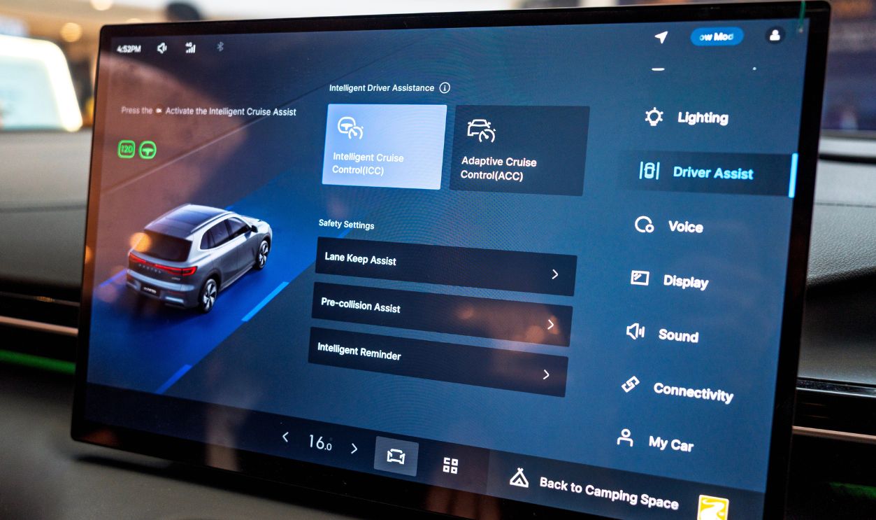 Penang, Malaysia – May 3, 2025: Close-up view of the Proton e.Mas EV's intelligent driver assistance display, featuring advanced safety settings like lane keep assist, adaptive cruise control, and int