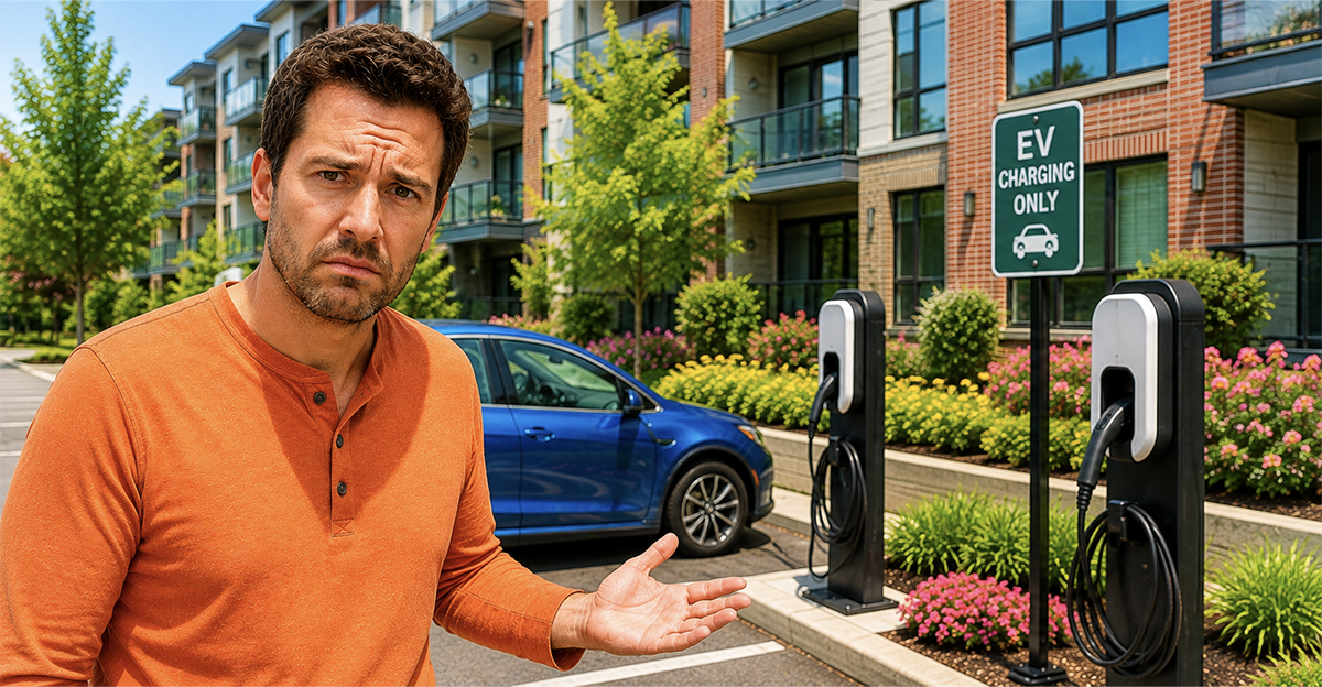 Concerned man standing beside an EV charger