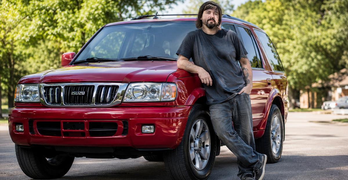 AI-generated image of a man leaning against a red 2004 Isuzu Axiom