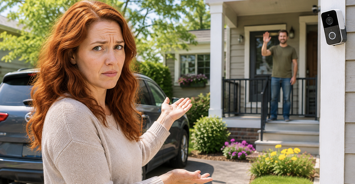 Woman pointing toward neighbor's home cameras