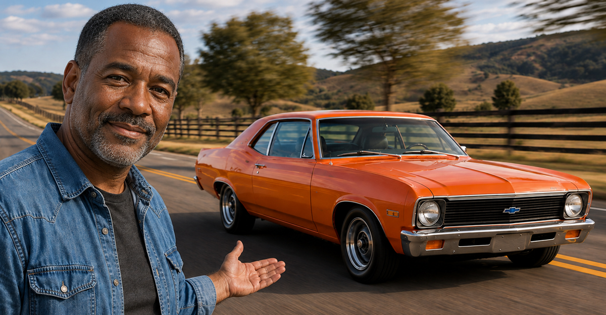 AI-generated image of a Black man gesturing toward an orange Chevrolet Nova