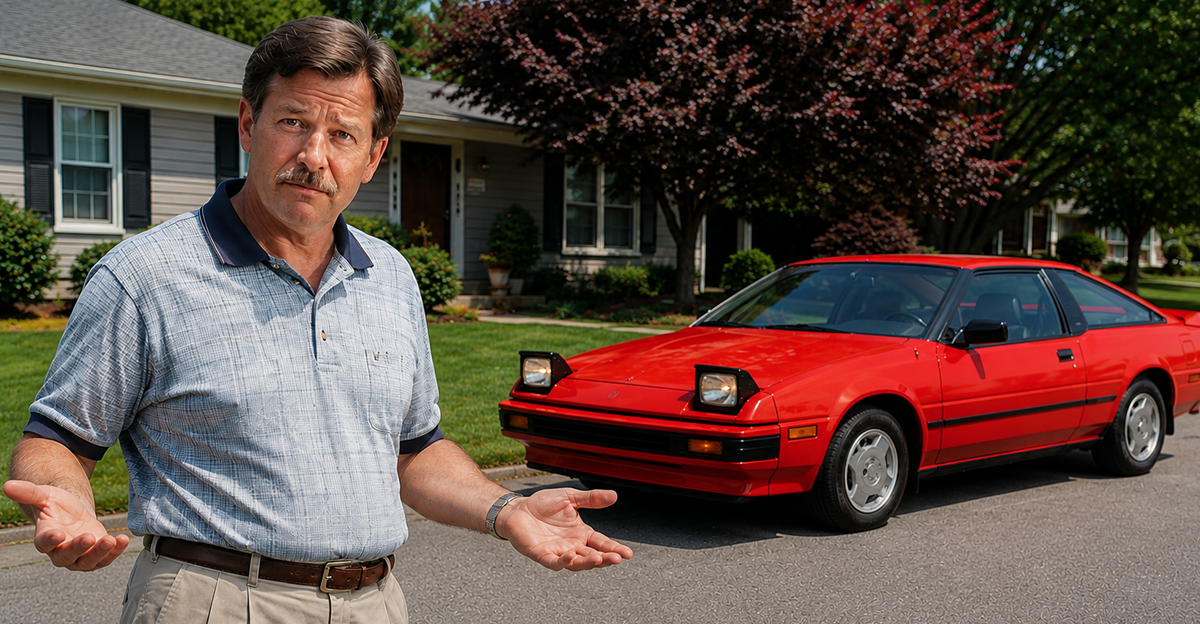 AI-generated image of a puzzled man standing beside a red 1980s Subaru XT on a suburban street
