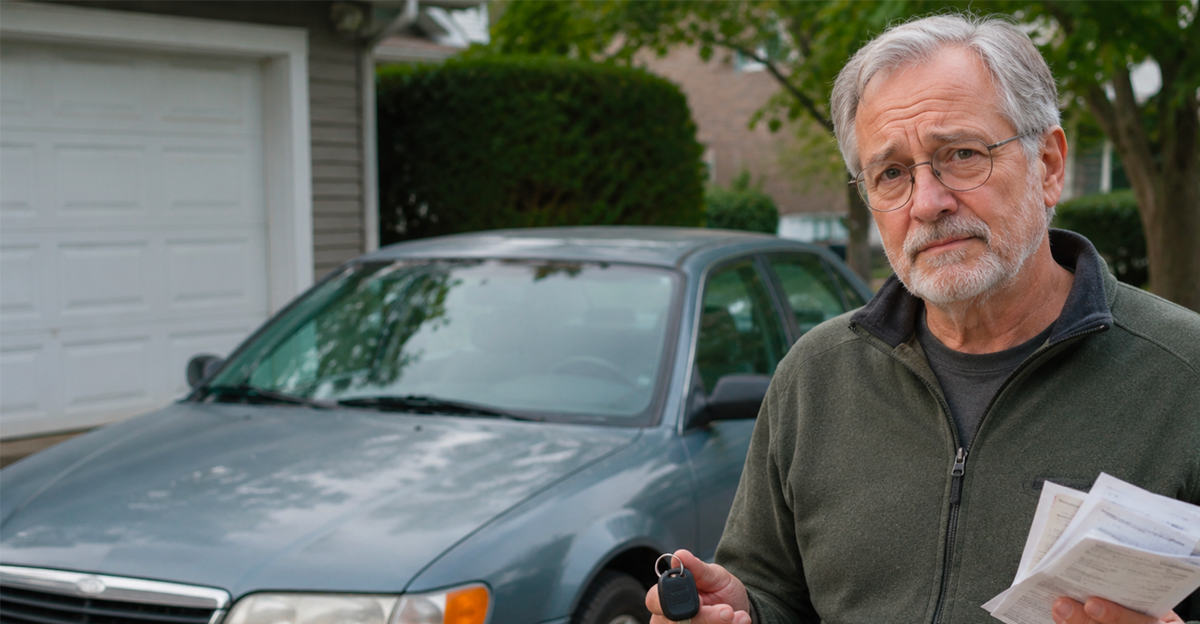 Retired man on driveway with car and a bill in his hand