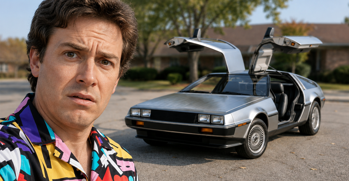 AI-generated image of a puzzled man posing beside a silver DeLorean DMC-12 with raised gullwing doors
