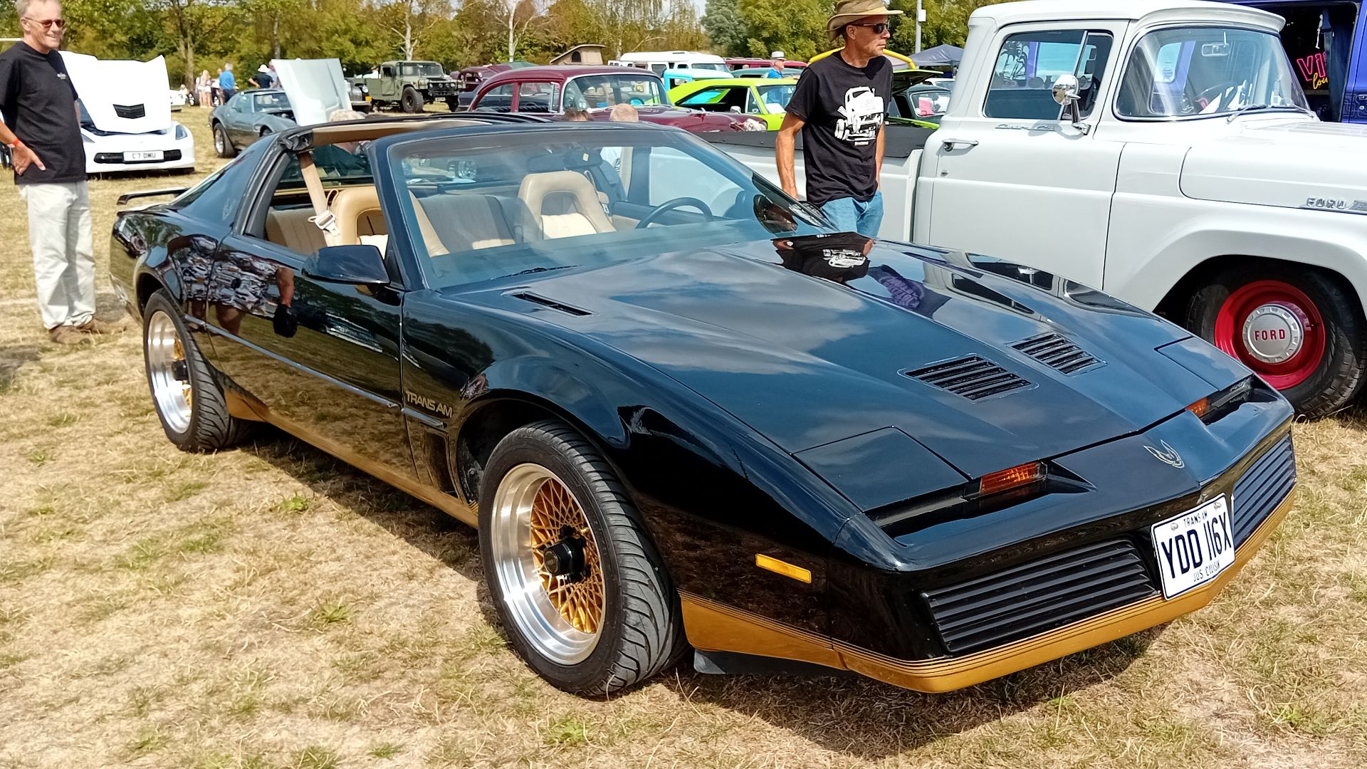 1982 Pontiac Firebird Trans-Am 305 targa top 305 cu in/5.0 litre Crossfire V8 engine, at the Bristol American Classic Car Show, Keynsham Rugby Club, Somerset, 24 August 2025.