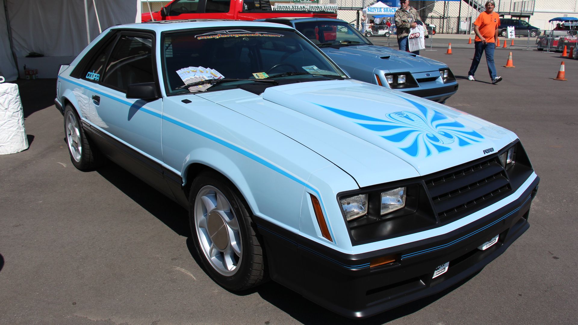 Medium Blue Glow.
The 3rd generation Fox body Mustang was made from 1979-1993, a substantial update in 1987 saw the grille and quad headlights replaced by modern single headlights and the no grille aero look.
It was available again in coupe or hatchback.