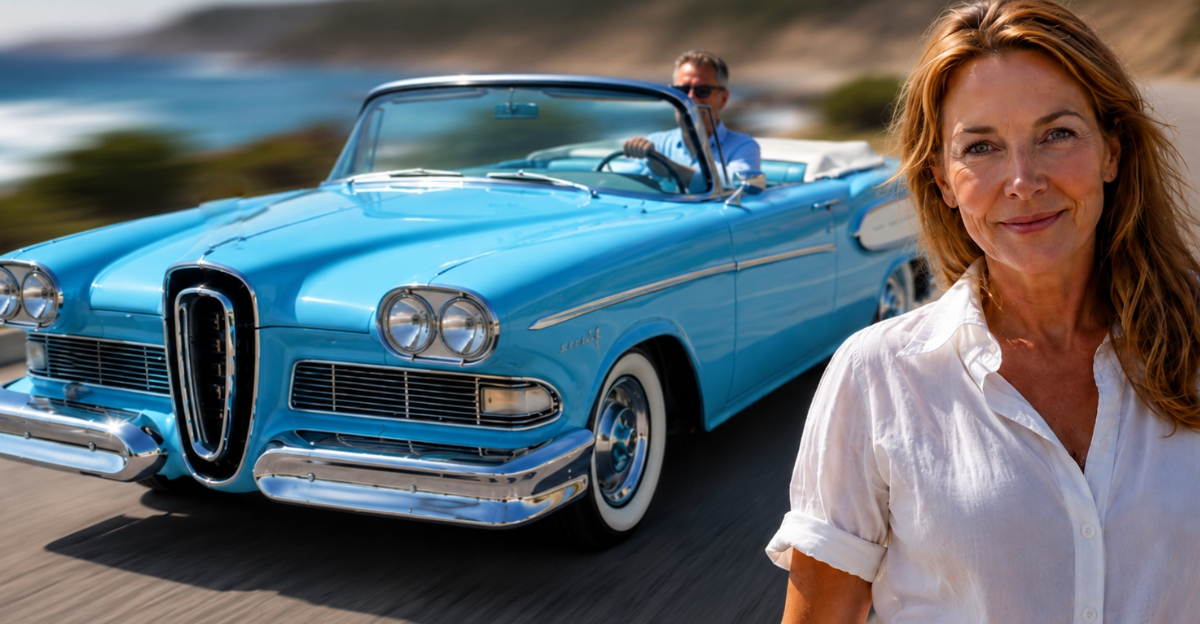Ford Edsel driving, Woman in foreground looking at camera
