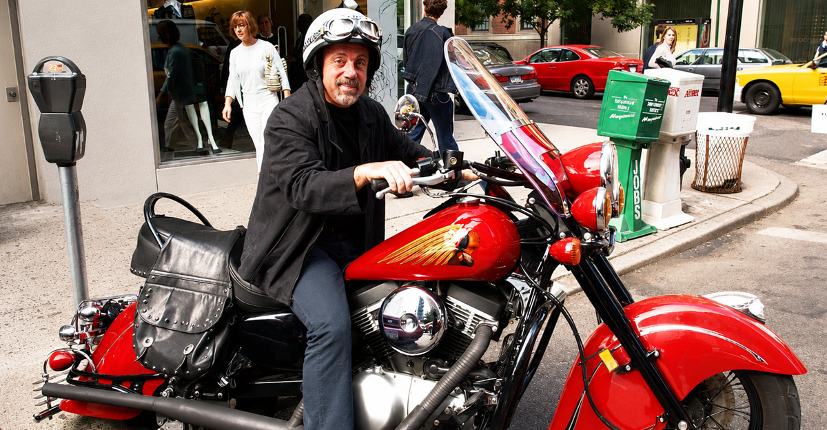 Musician Billy Joel sits on his customized Kawaski Drifter on Madison Avenue October 6, 2002 in New York City