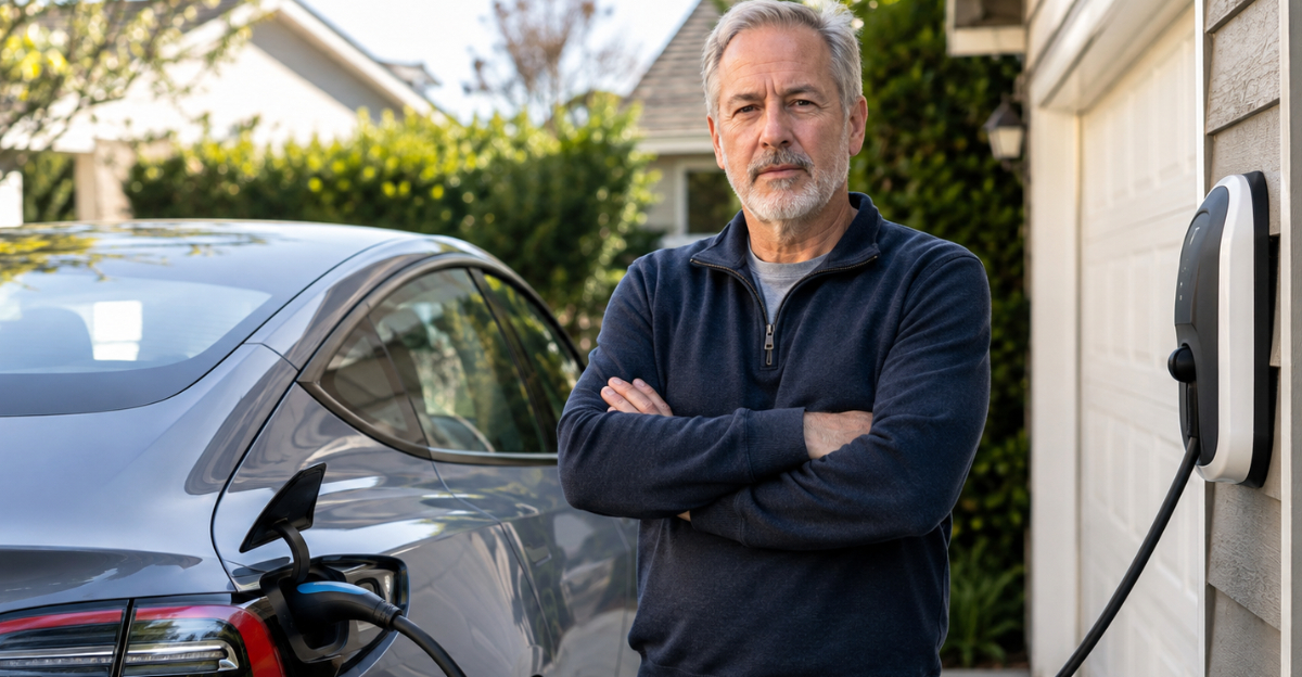 Man charging car in driveway, looking at camera