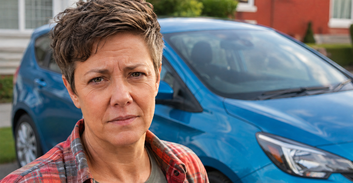 AI-generated image of a woman with short hair, standing next to a blue car