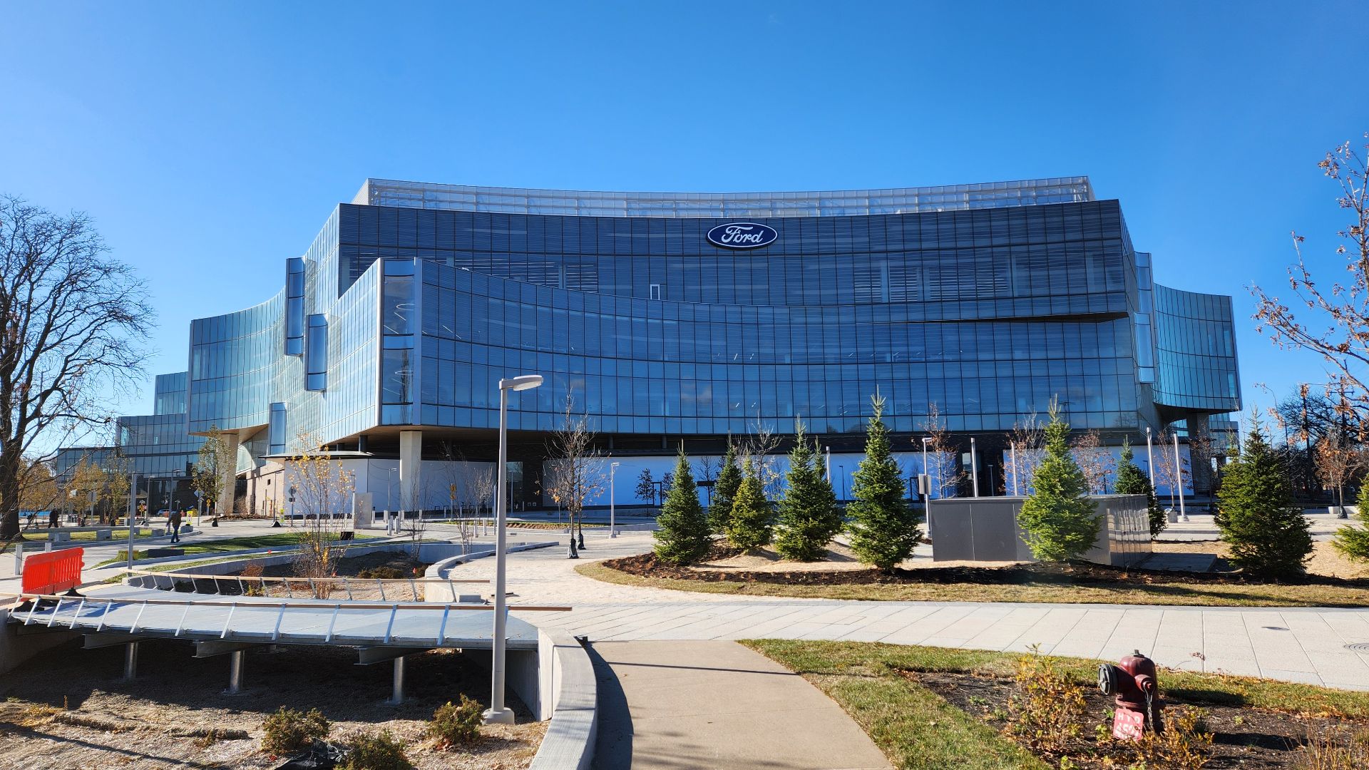 Exterior of the new Ford World Headquarters in Dearborn, Michigan, United States, seen the day after its grand opening.