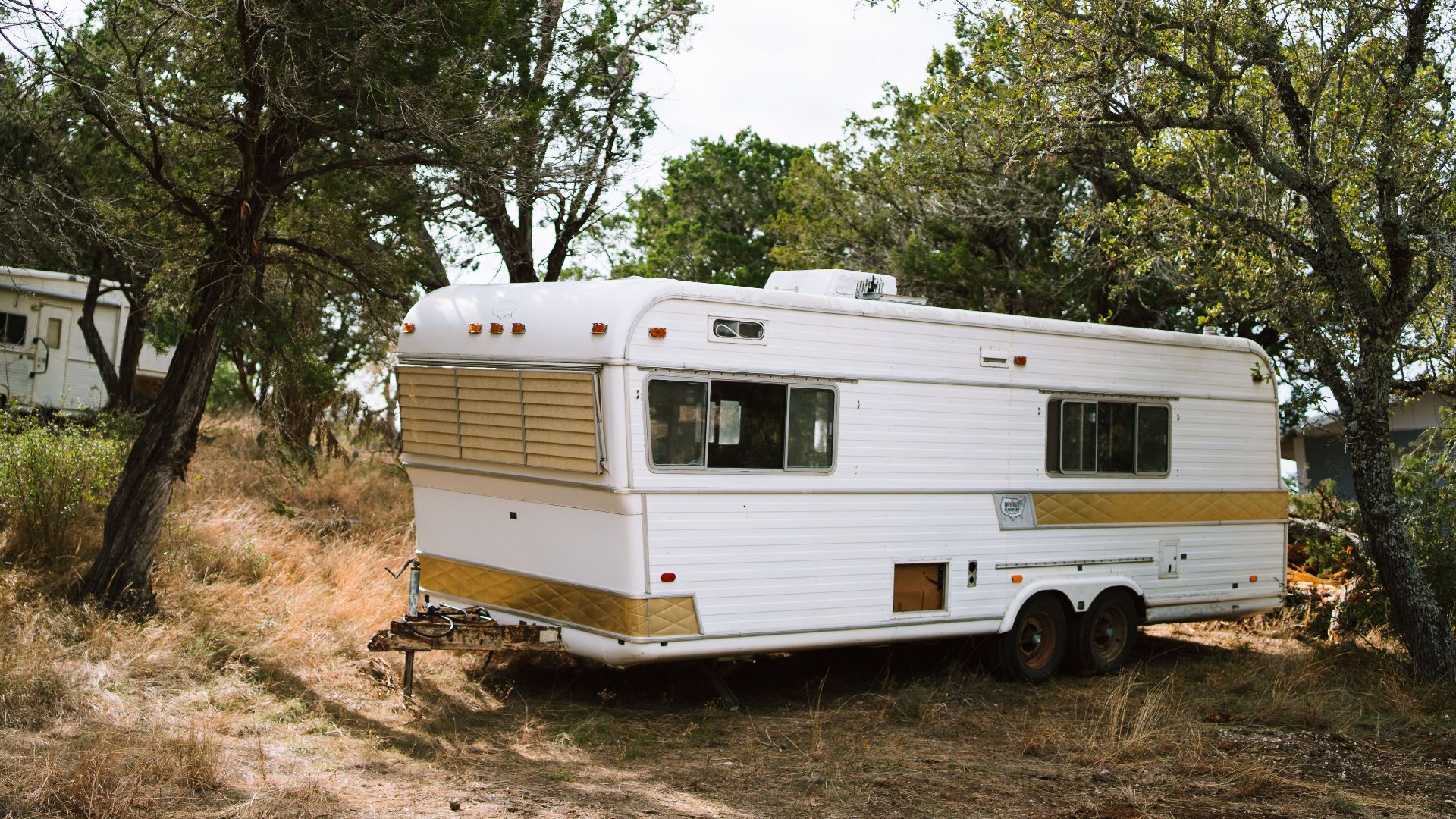 Vintage camper trailers set amidst trees in a peaceful Texas forest scene.