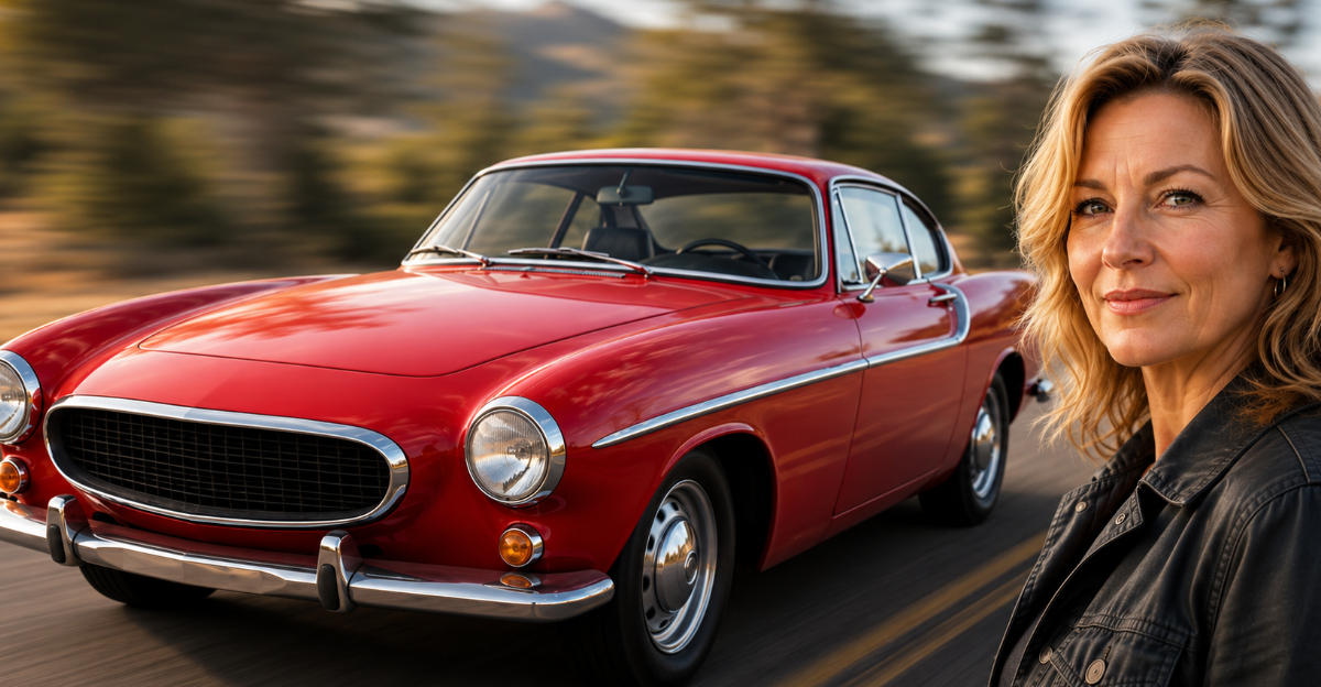 Red 1966 Volvo P1800S, Women looking at camera