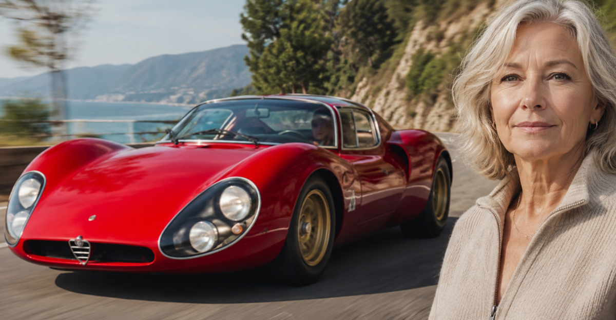 beautiful red sports car, woman in foreground looking at camera