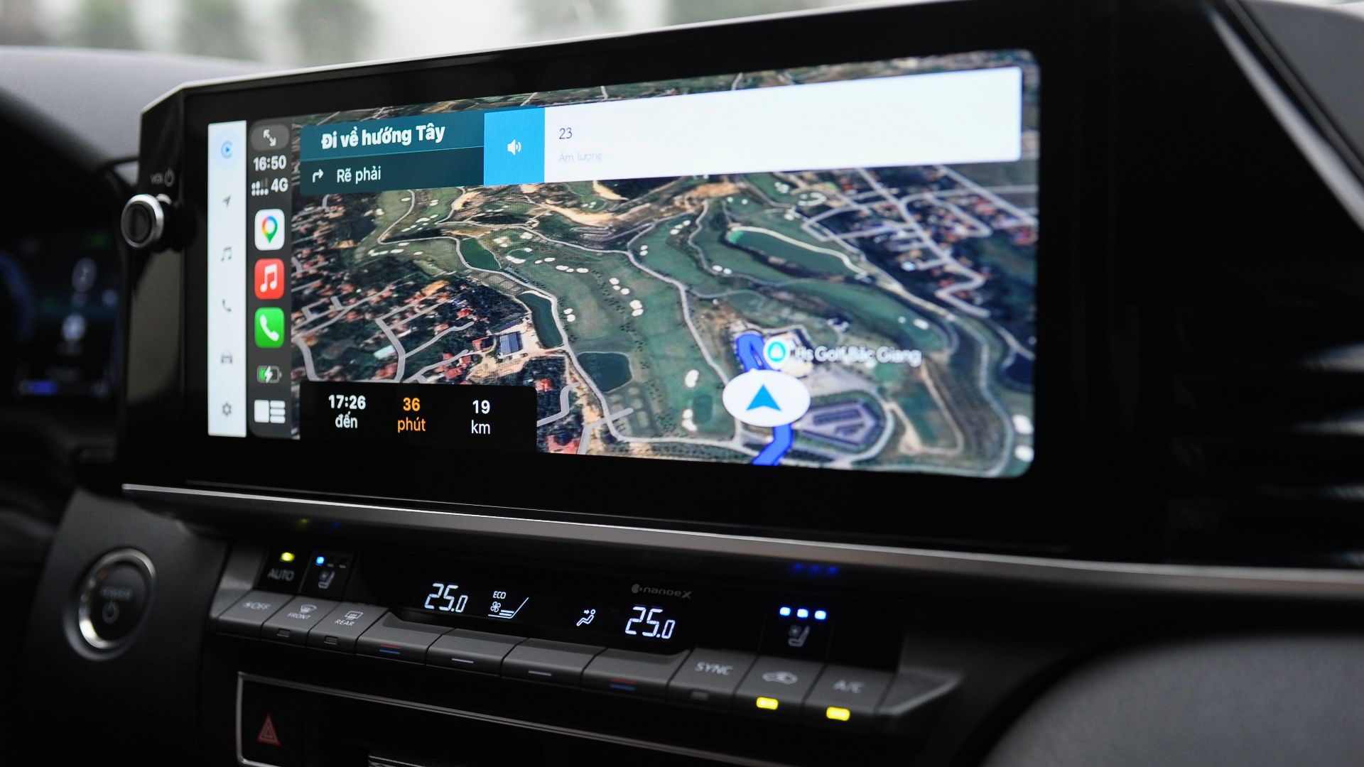 Modern in-car navigation system showing a digital map and route details.