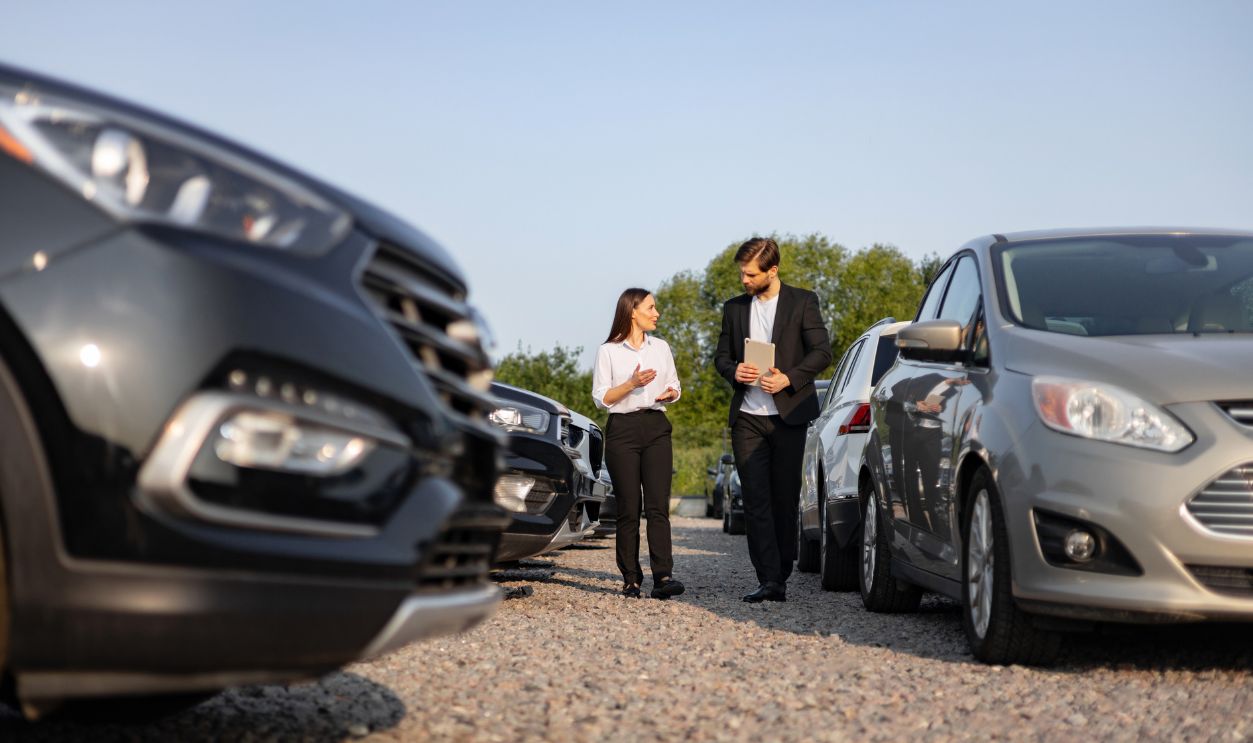 A male car dealer assists a female customer in a car dealership, potentially during a sale, walking among parked vehicles on a sunny day.