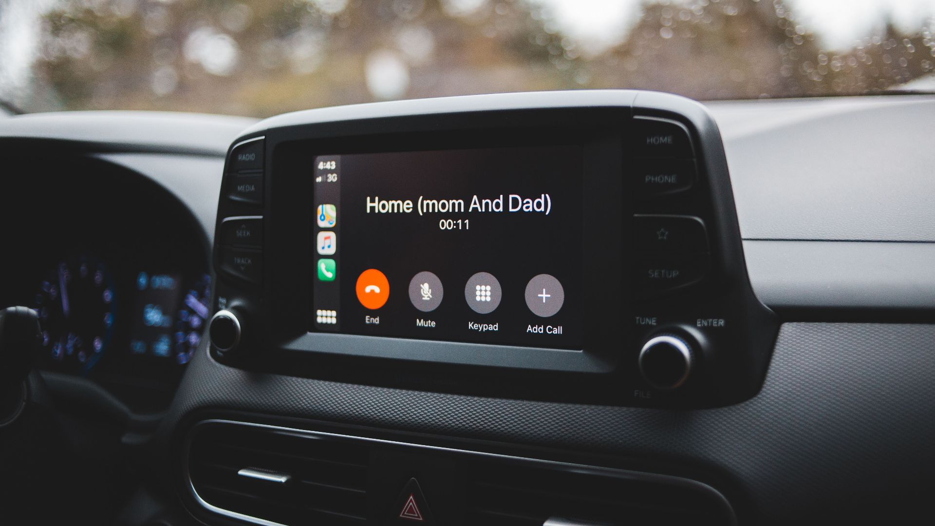 Screen of modern multimedia system in car with hand free call to home