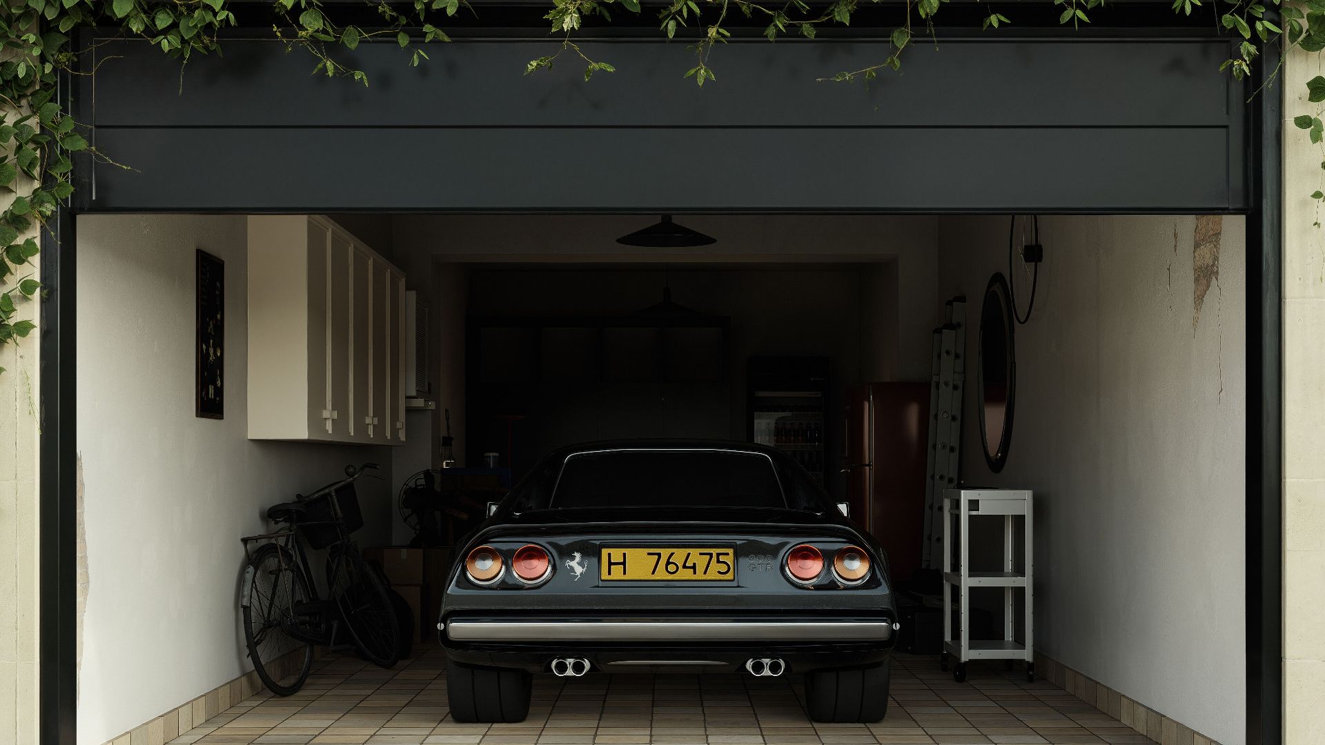 A classic car parked in an ivy-covered garage with a cobblestone driveway, exuding a retro charm.