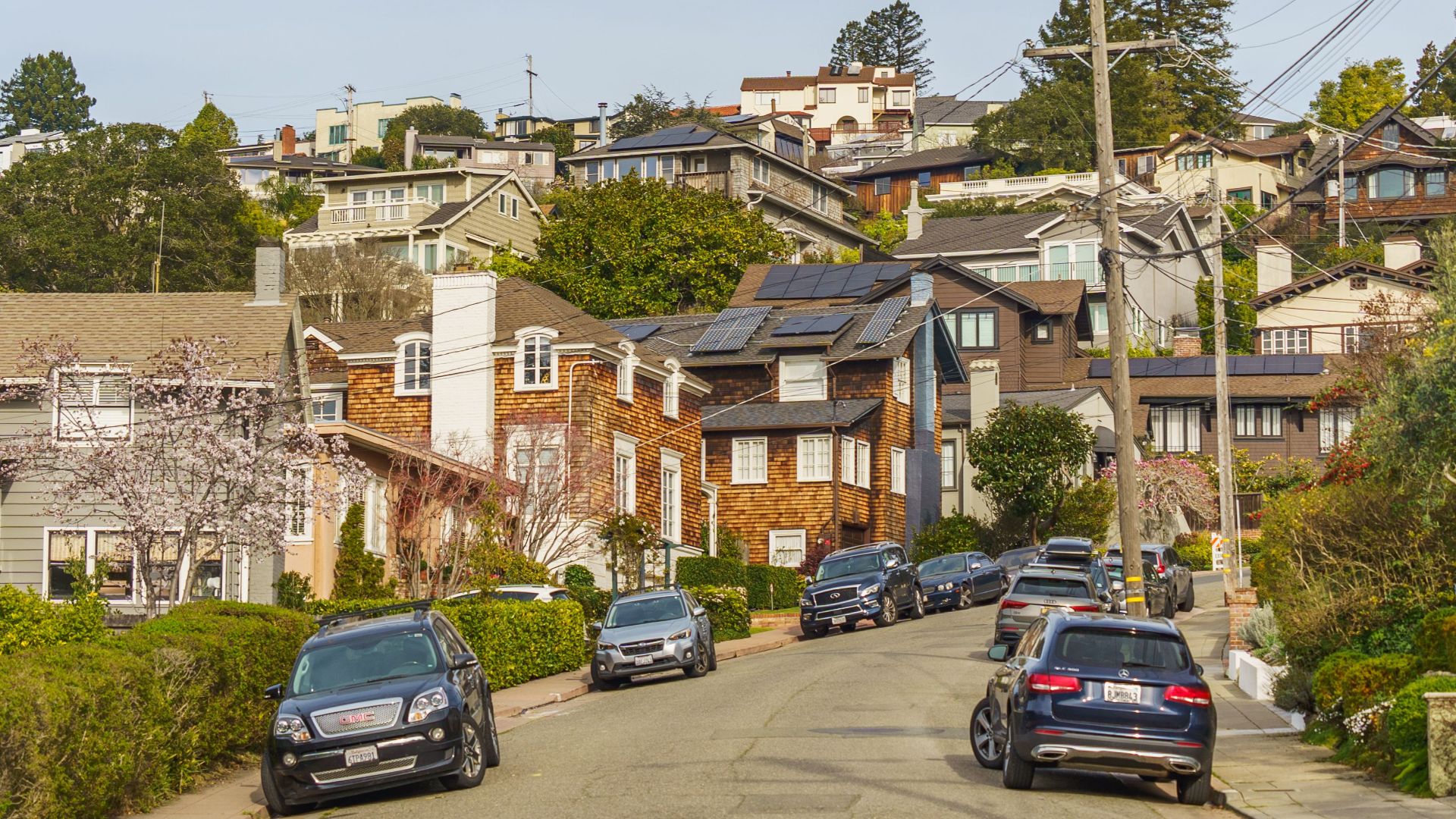 A picturesque hillside neighborhood with classic homes and parked cars on a calm, sunny day.